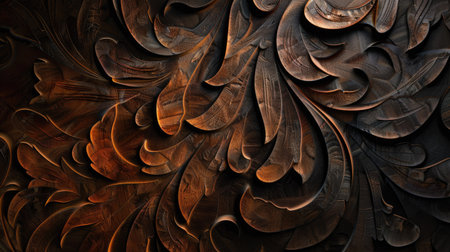 Abstract carved wood texture featuring intricate patterns and deep huesの素材