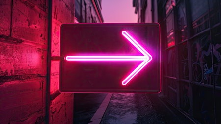 Bright pink neon arrow signal glowing in the dark, directional lineの素材