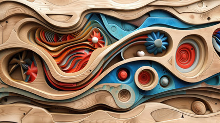Abstract shapes and textures carved into wooden material with colorful detailsの素材