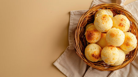 Basket of Brazilian cheese bread, aerial perspective on beige clean background, isolatedの素材