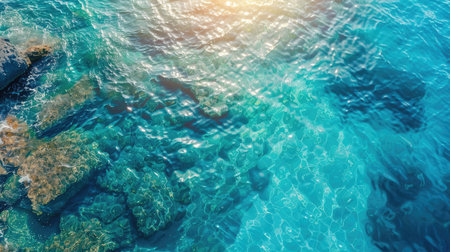 Aerial view of abstract blue water with sunlight reflections, peaceful backdropの素材