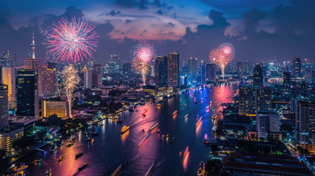 Bangkok skyline under a night sky filled with colorful fireworksの素材