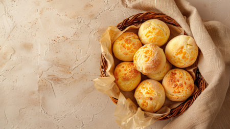 Brazilian cheese bread in a rustic wooden basket, aerial top view on beige clean background, isolatedの素材