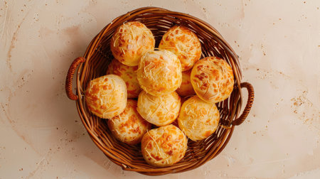 Basket of Brazilian cheese bread, top view, isolated on beige clean backdropの素材