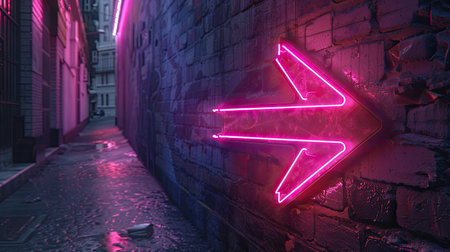 Bright pink neon arrow signal glowing in the dark, directional lineの素材