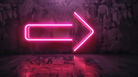 Bright pink neon directional arrow icon, illuminated on black backgroundの素材