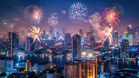 Bangkok cityscape under a burst of colorful fireworks at nightの素材