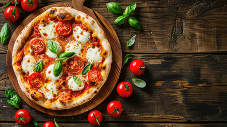 Classic Margherita pizza with tomatoes and mozzarella on vintage wooden board, top view, text-free areaの素材