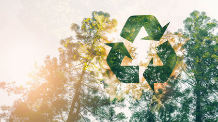 Double exposure of trees and recycle icon, conservation conceptの素材