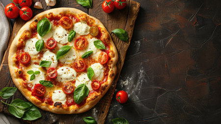 Classic Margherita pizza with mozzarella and tomatoes on old rustic board, top-down view, space for textの素材