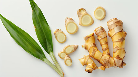 Galangal rhizomes and slices with a leaf, on a white background, top viewの素材