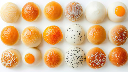 Mochi Bread arranged in a grid on a white background, top-down view, showcasing their varietyの素材