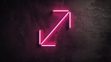 Illuminated pink neon arrow icon, shining against a black backgroundの素材