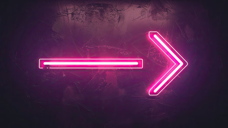 Glowing pink neon directional arrow icon, vibrant on dark backgroundの素材