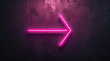 Neon pink directional arrow icon, glowing brightly on dark backgroundの素材