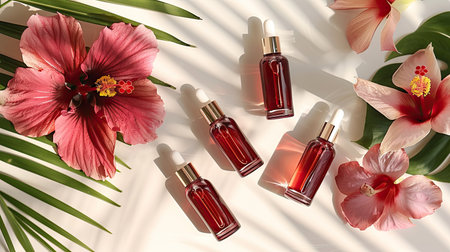 Elegant hibiscus flower paired with skincare ampoules on a white table, perfect for natural beauty themes.の素材