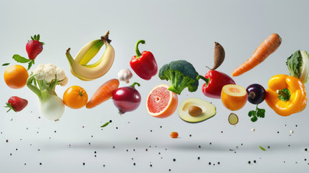 Collection of different fresh fruits and vegetables hovering gracefully, symbolizing healthy and nutritious choicesの素材