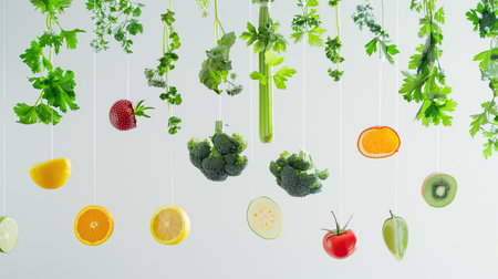 Array of fresh fruits and vegetables suspended against a white background, symbolizing vitality and nutrition.の素材