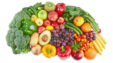 Brain representation crafted with assorted fruits and vegetables, isolated on white, emphasizing healthy choices.の素材