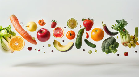 Fresh fruits and vegetables levitating on a white background, highlighting a nutritious and diverse diet.の素材