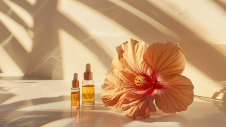 Artistic arrangement of skincare ampoules and hibiscus flower on a white table, showcasing beauty and wellness.の素材