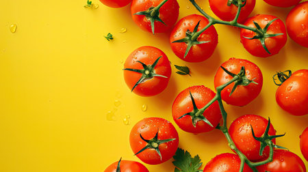 Creative layout template against green backdrop, highlighting ripe tomatoes in a flat lay arrangement on a yellow countertop.の素材