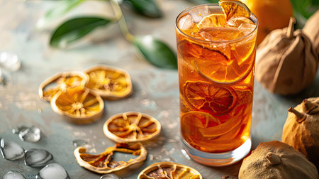 Chilled glass cup of quince iced tea with dried bael fruit slices, perfect for a healthy refreshment.の素材
