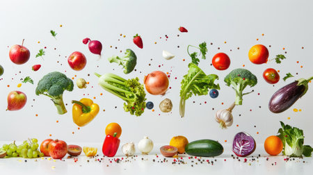 Colorful assortment of fruits and vegetables levitating on a white backdrop, highlighting freshness and variety.の素材