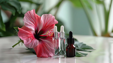 Hibiscus flower with skincare ampoules on a white table, emphasizing a natural and clean skincare approach.の素材