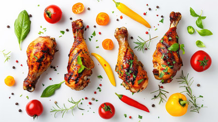 Floating BBQ chicken drumsticks and vegetables on white background, ideal for showcasing delicious grilled cuisine.の素材