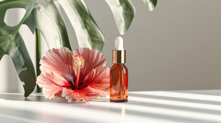 Skincare ampoules alongside a hibiscus flower on a white table, emphasizing a natural beauty routine.の素材