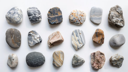 Array of different rocks positioned neatly on a plain white backgroundの素材