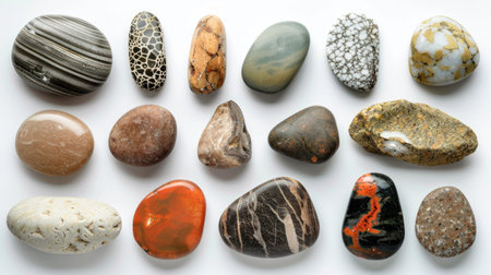 Collection of diverse stones isolated on a plain white surfaceの素材