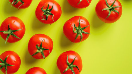 Template for creative design on green background, featuring a flat lay of ripe tomatoes arranged on yellow countertop.の素材