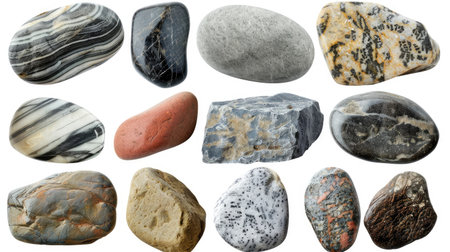 Set of different textured stones arranged together, isolated on whiteの素材