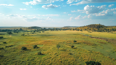 Picturesque view of lush green savanna field in autumnの素材