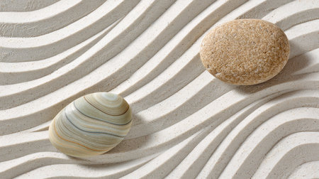 Smooth sea stones on textured sand with parallel wave linesの素材