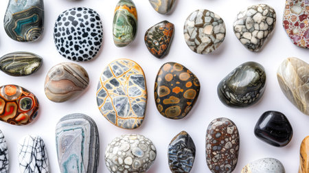 Assorted collection of stones showcasing diverse patterns and colors, white backdropの素材