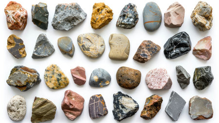 Different types of rocks arranged neatly, isolated on white backgroundの素材