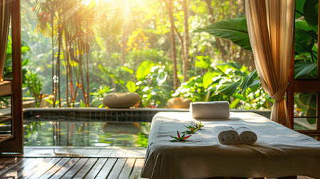 Empty massage table set for luxurious wellness treatment in serene spaの素材