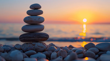 Sunset silhouette of balanced stone pyramid on pebbled shoreの素材