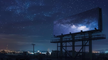 City rooftop billboard mockup under a starry night sky, ready to highlight your brand's presenceの素材