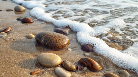 Ocean stones on sandy beach with natural wave patternsの素材