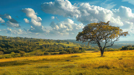 Scenic autumn view of green landscape in the savannaの素材