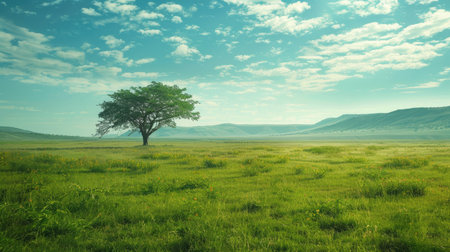 Vibrant green savanna field in the autumn seasonの素材
