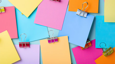 Colorful memo papers clipped with paperclip, white backdropの素材
