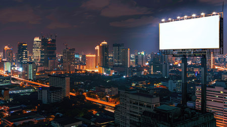 Empty billboard template on a rooftop at night, overlooking the city, ready for your captivating adの素材