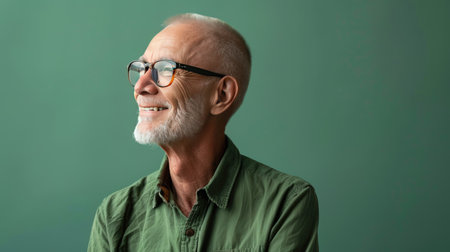 Happy older professional in green shirt and fashionable glasses, gazing sideways with a friendly smileの素材