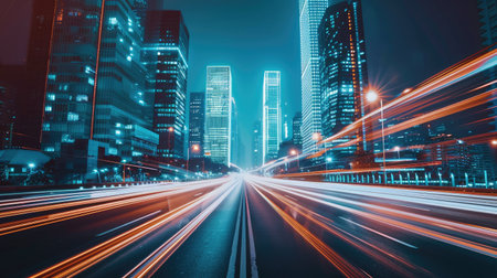 High-speed drive through an empty city street lined with tall, illuminated skyscrapersの素材