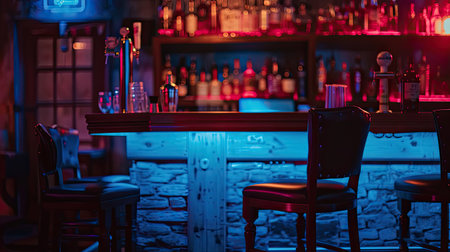 High chair in front of bartender's liquor shelf in dimly lit night clubの素材